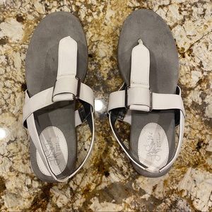grey and white sandals